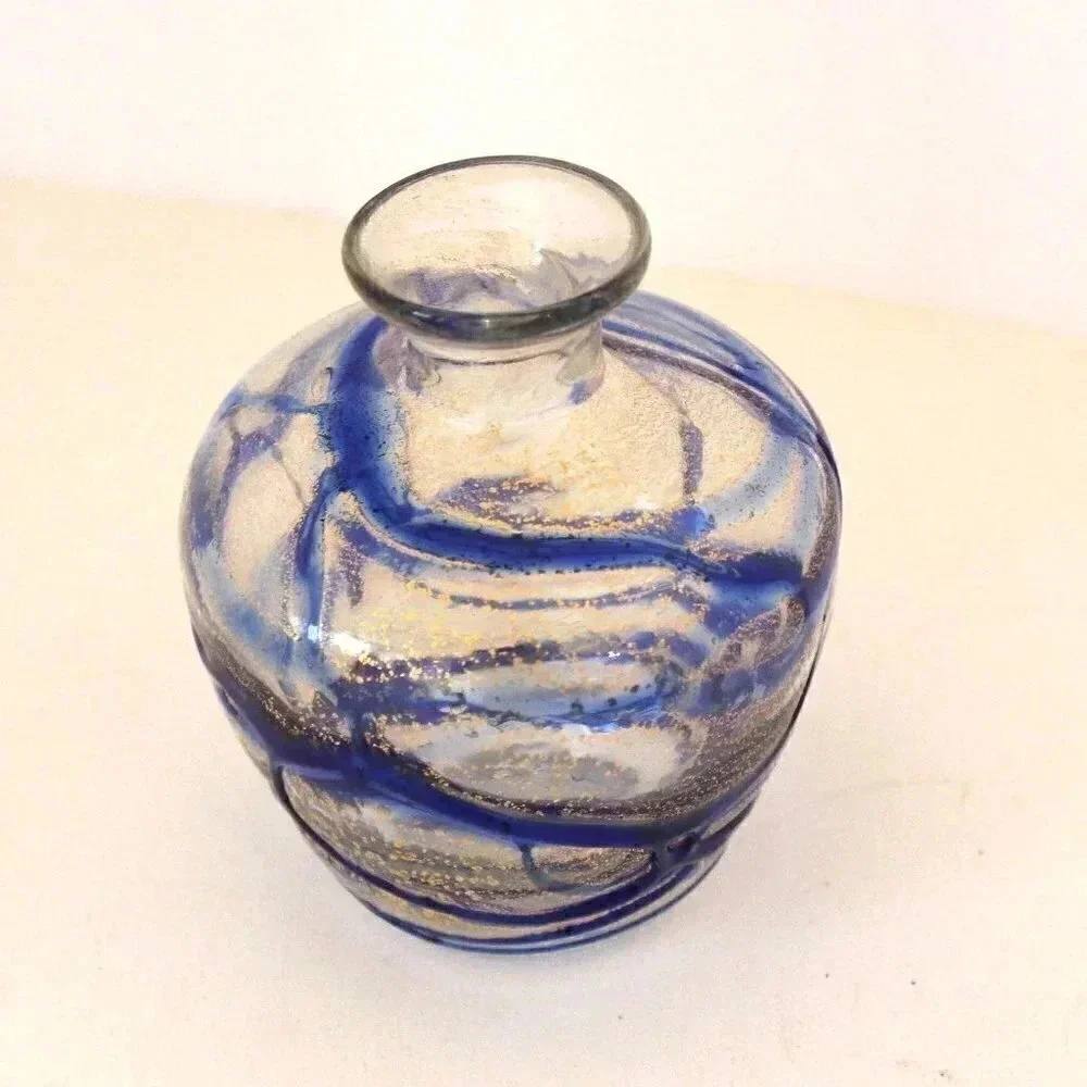 Vintage Small Mini Blue Swirl With Gold Specks Single Flower Vase